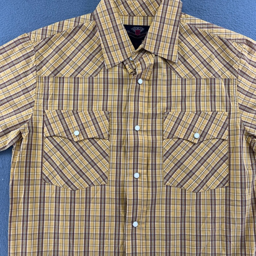 Steve‎ & Barrys Men Western Shirt Cotton Plaid Small Pearl Snap Brown Tan